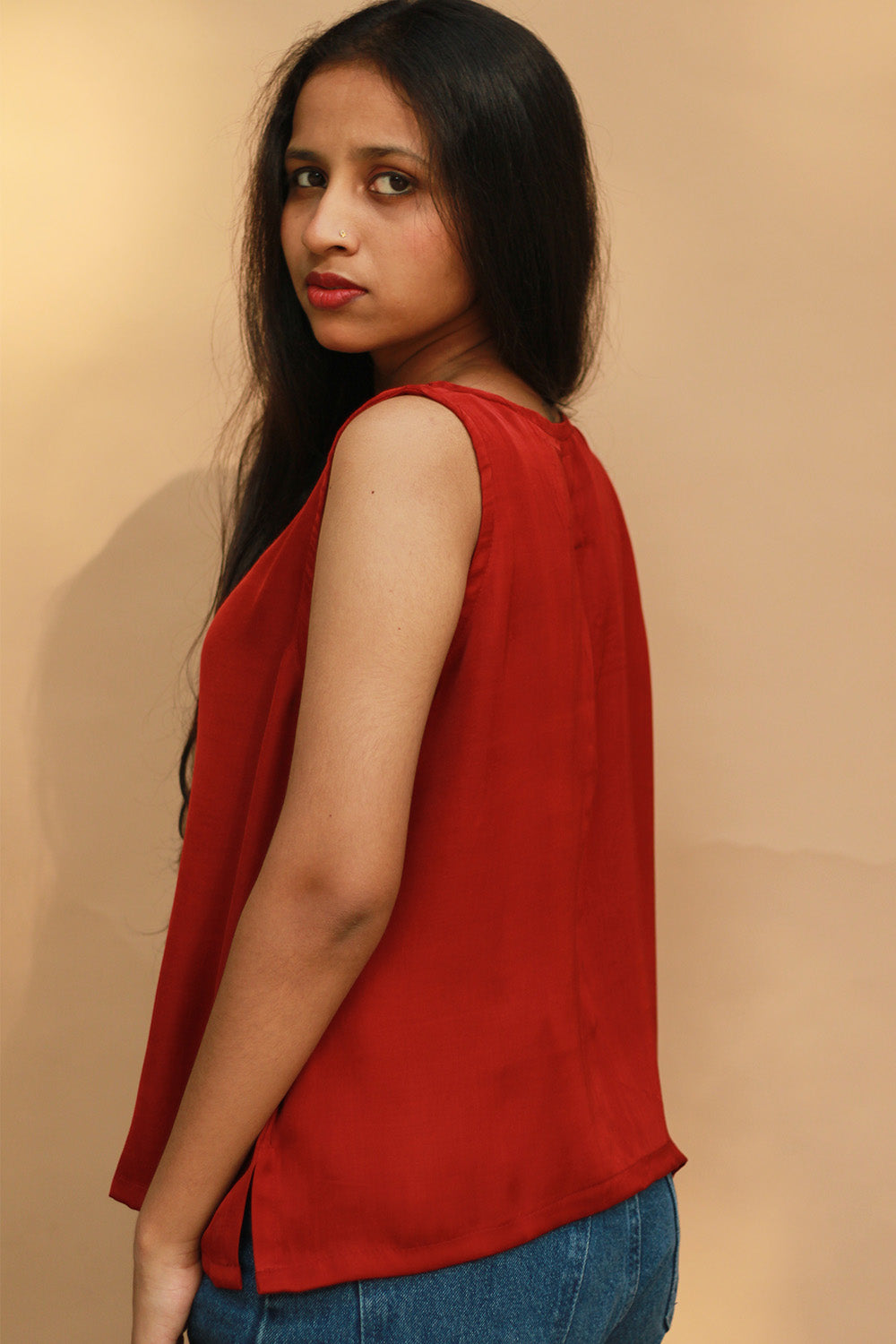 Front Buttoned Vest | Modal Silk | Rouge with Ajrakh Stripes