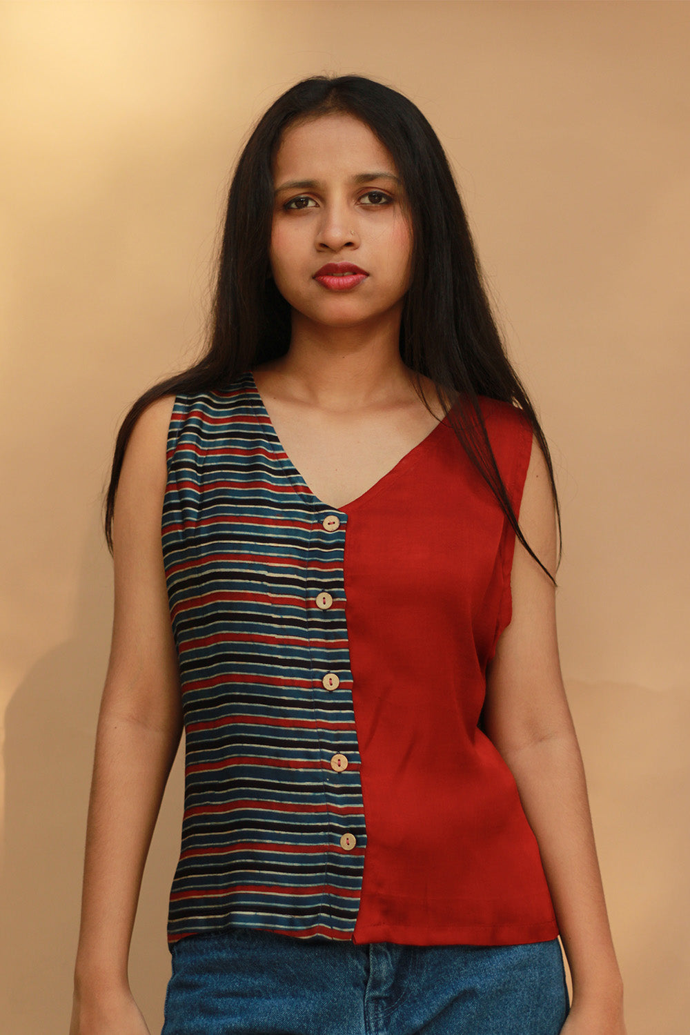 Front Buttoned Vest | Modal Silk | Rouge with Ajrakh Stripes