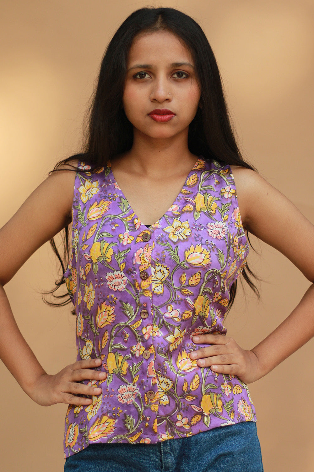Front Buttoned Vest | Modal Silk | Purple Sanganeri