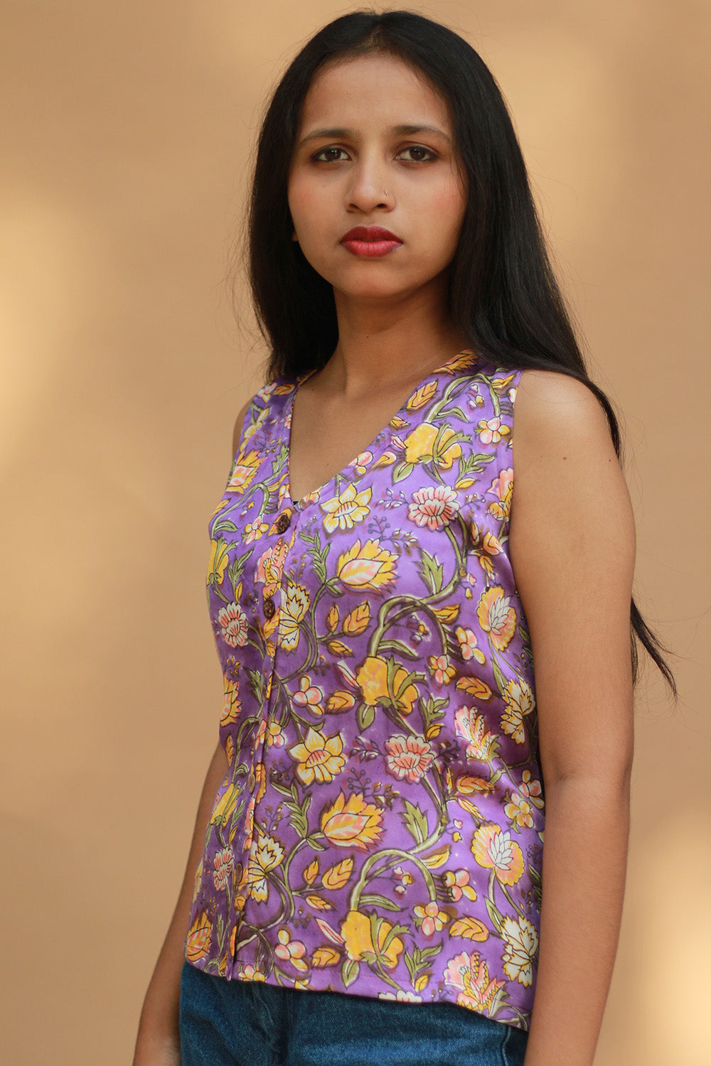 Front Buttoned Vest | Modal Silk | Purple Sanganeri