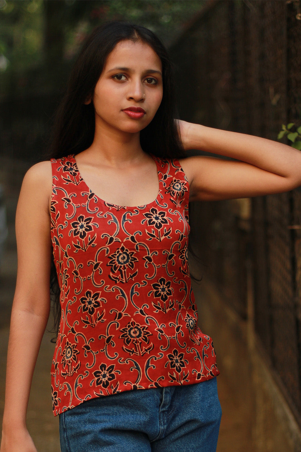 Sleeveless Top | Modal Silk | Rouge Floral Ajrakh