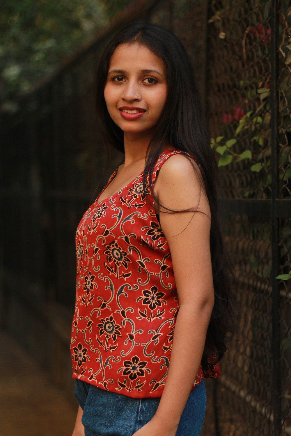 Sleeveless Top | Modal Silk | Rouge Floral Ajrakh