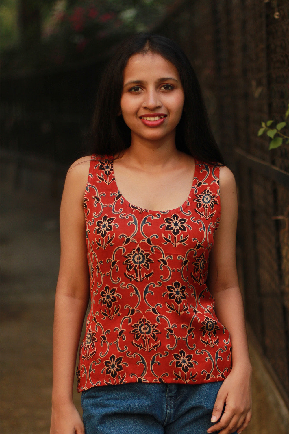 Sleeveless Top | Modal Silk | Rouge Floral Ajrakh