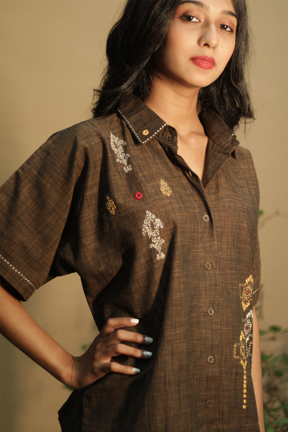 Ambrai | Embroidered Cotton Shirt | Cinnamon Brown Embroidered