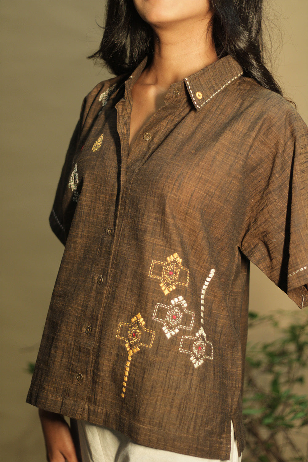 Ambrai | Embroidered Cotton Shirt | Cinnamon Brown Embroidered