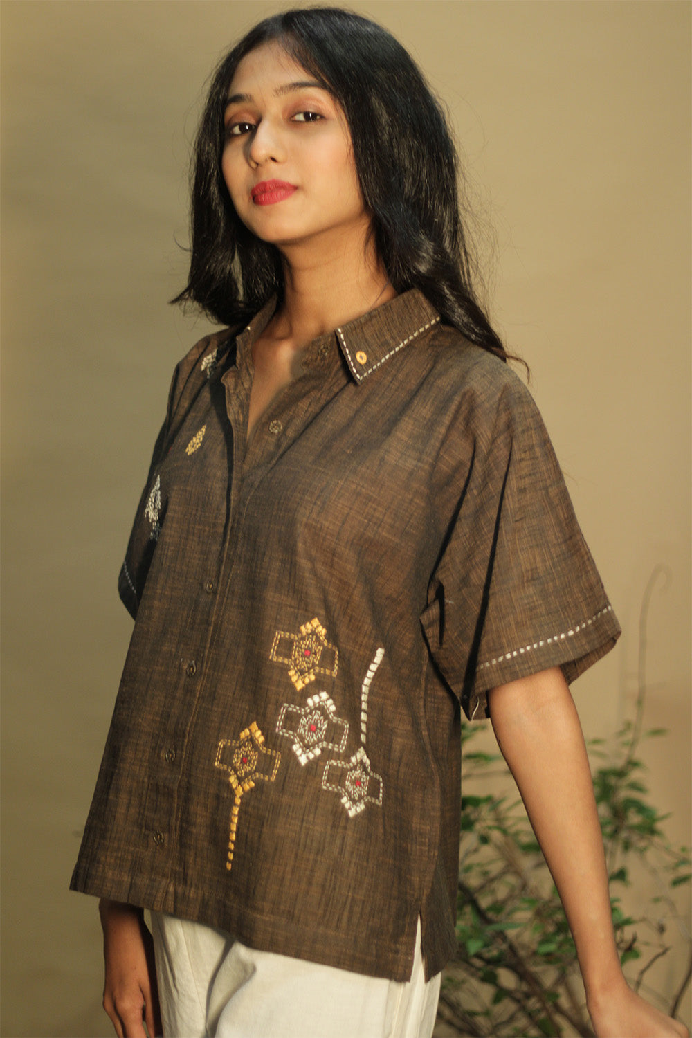 Ambrai | Embroidered Cotton Shirt | Cinnamon Brown Embroidered