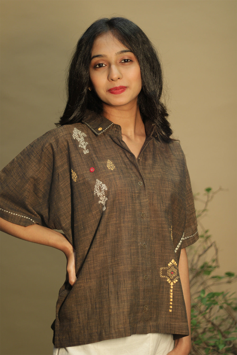 Ambrai | Embroidered Cotton Shirt | Cinnamon Brown Embroidered