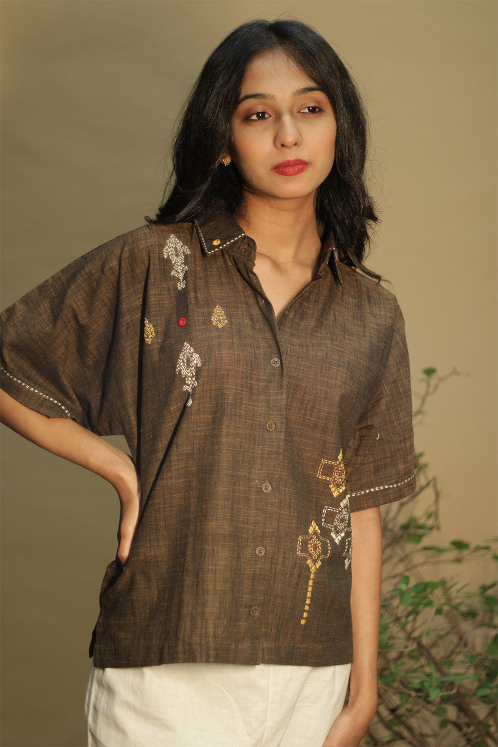 Ambrai | Embroidered Cotton Shirt | Cinnamon Brown Embroidered