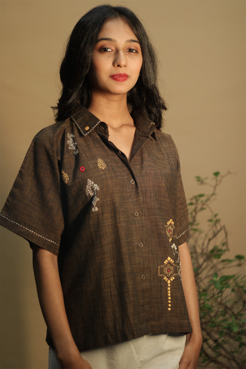 Ambrai | Embroidered Cotton Shirt | Cinnamon Brown Embroidered