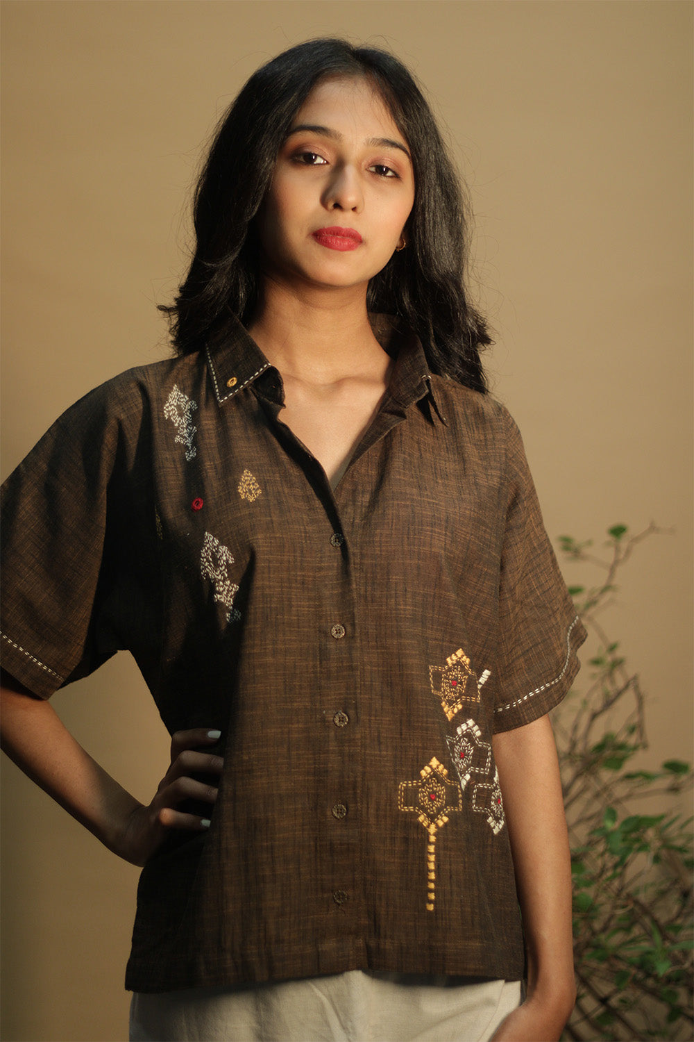 Ambrai | Embroidered Cotton Shirt | Cinnamon Brown Embroidered