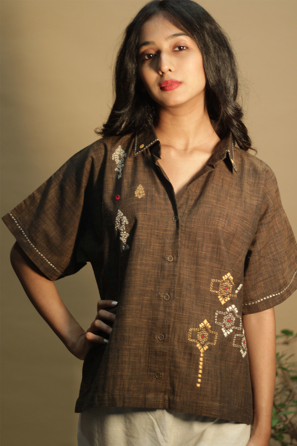 Ambrai | Embroidered Cotton Shirt | Cinnamon Brown Embroidered
