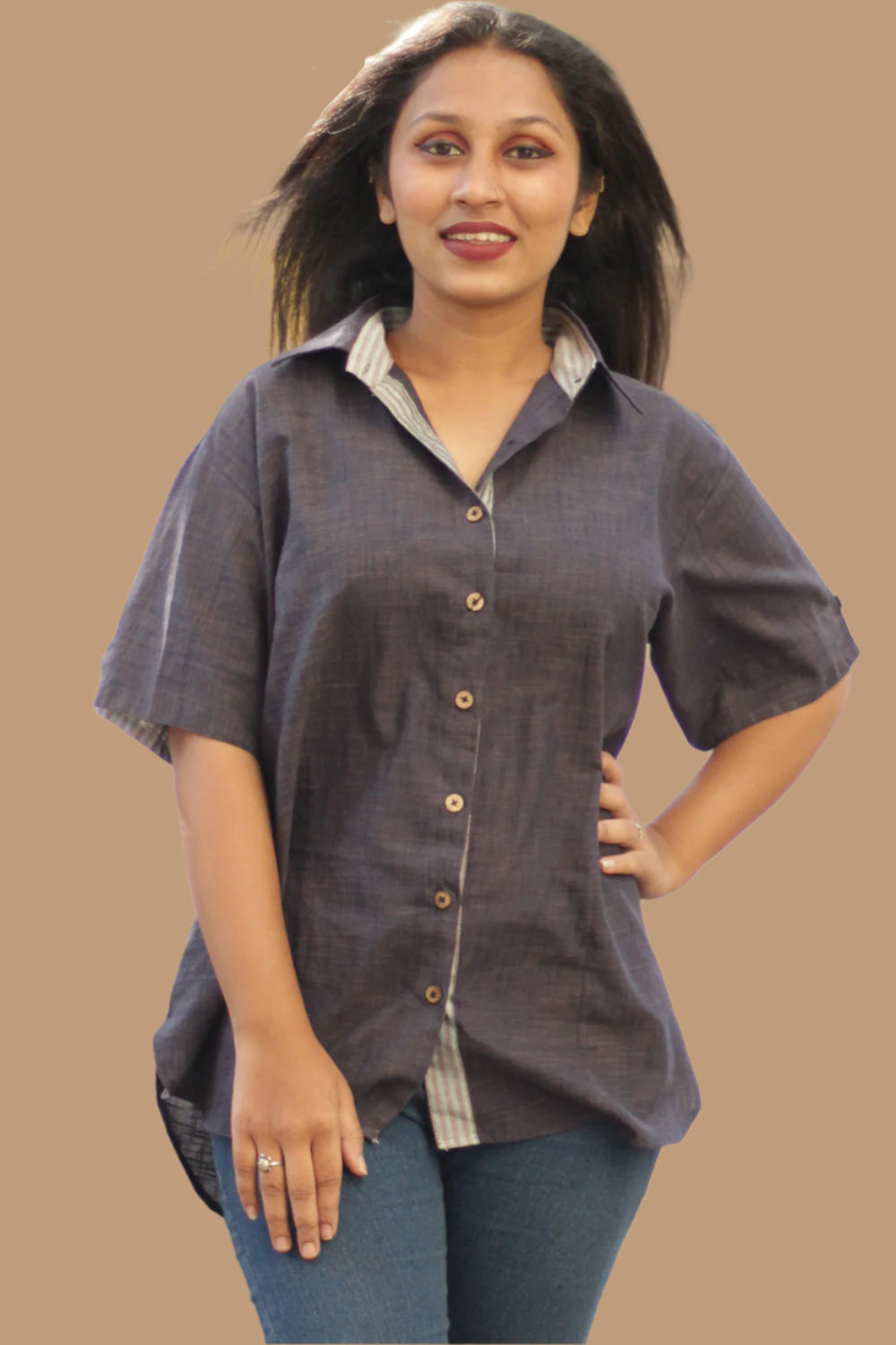 Cotton Shirt | Candy Stripes | Bluish Brown