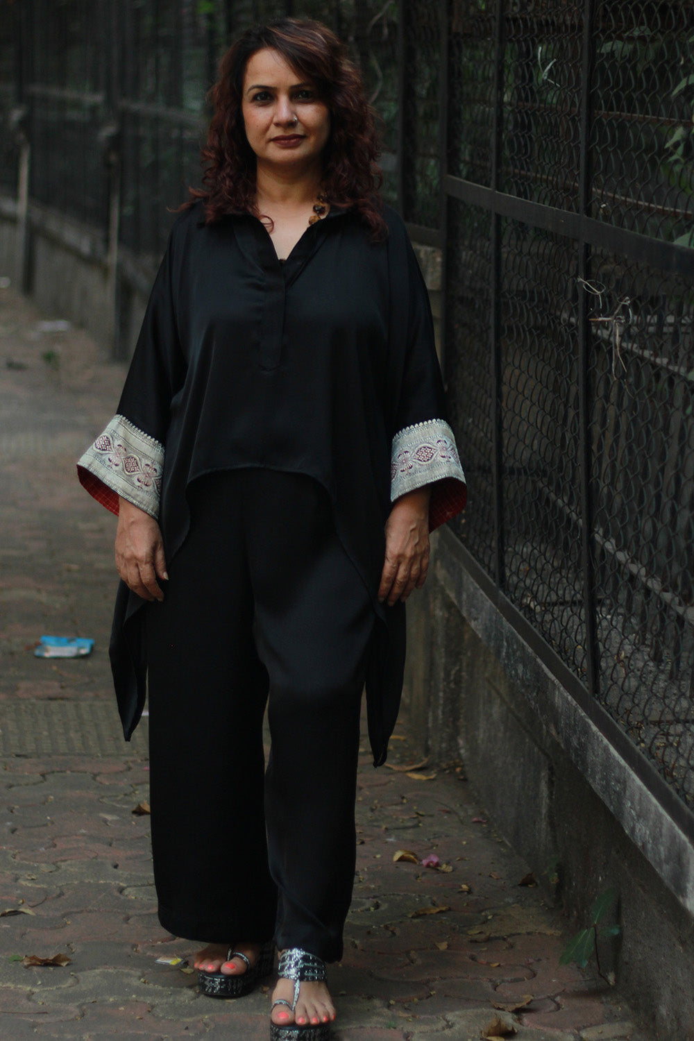 Banarasi Taarini | Collared Kaftan Top | Modal Silk | Noir