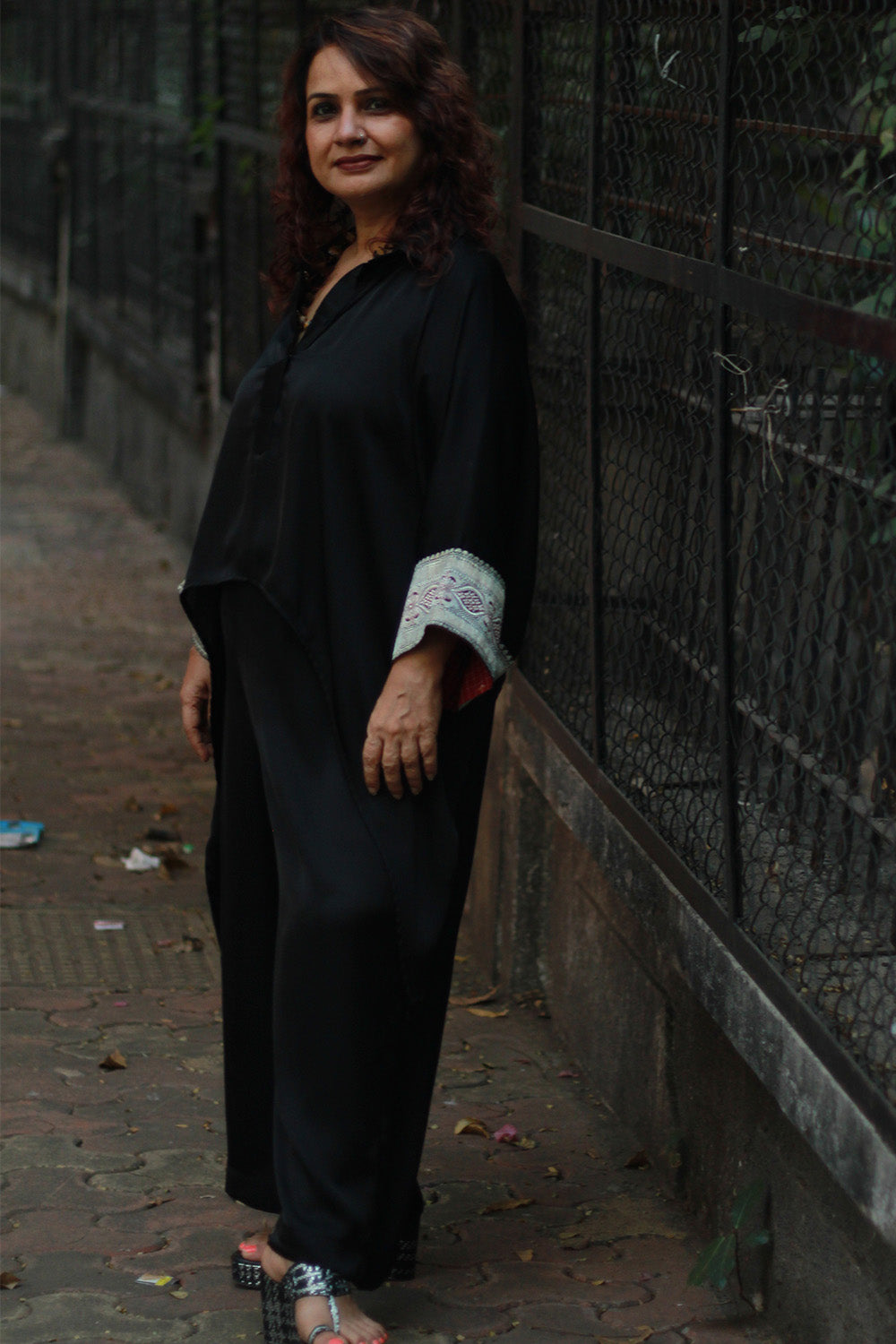 Banarasi Taarini | Collared Kaftan Top | Modal Silk | Noir