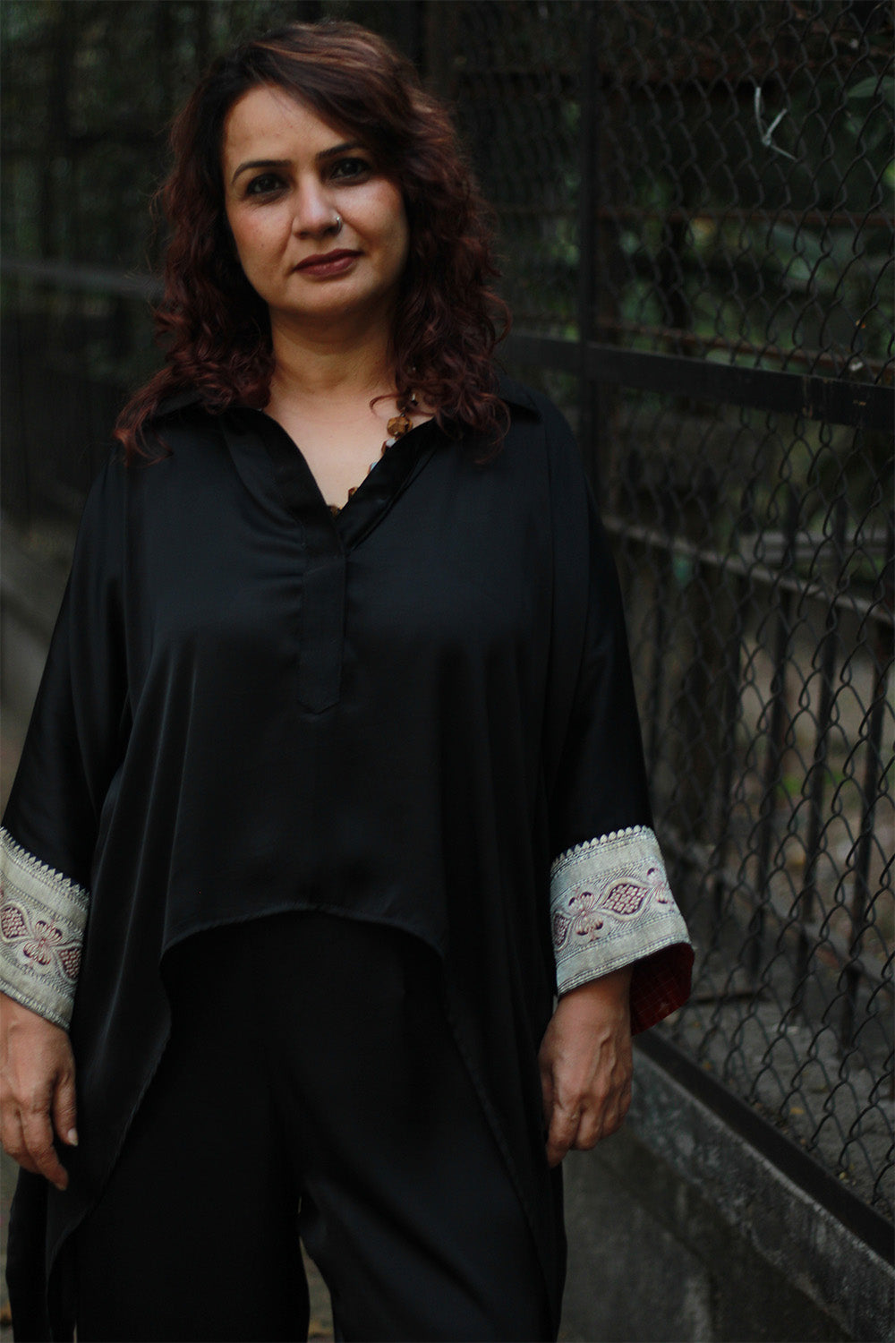 Banarasi Taarini | Collared Kaftan Top | Modal Silk | Noir