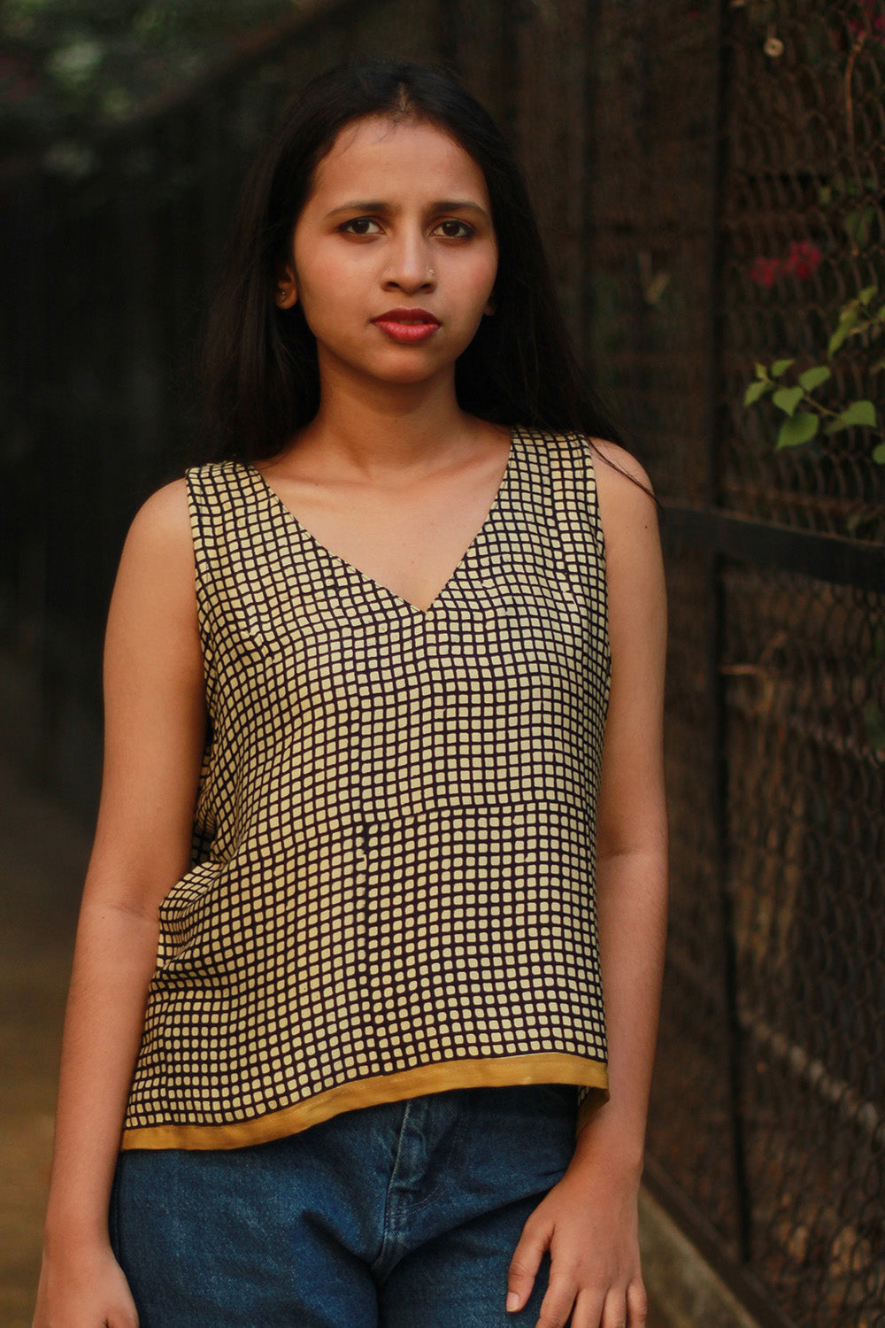 Sleeveless Top | Modal Silk | Black & White Checks