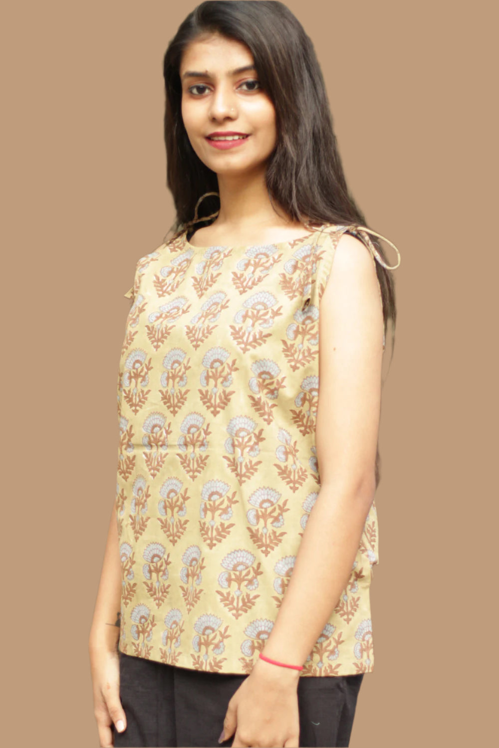 Chanchal | Dori Top | Sage Green Blue Blooms Bagru