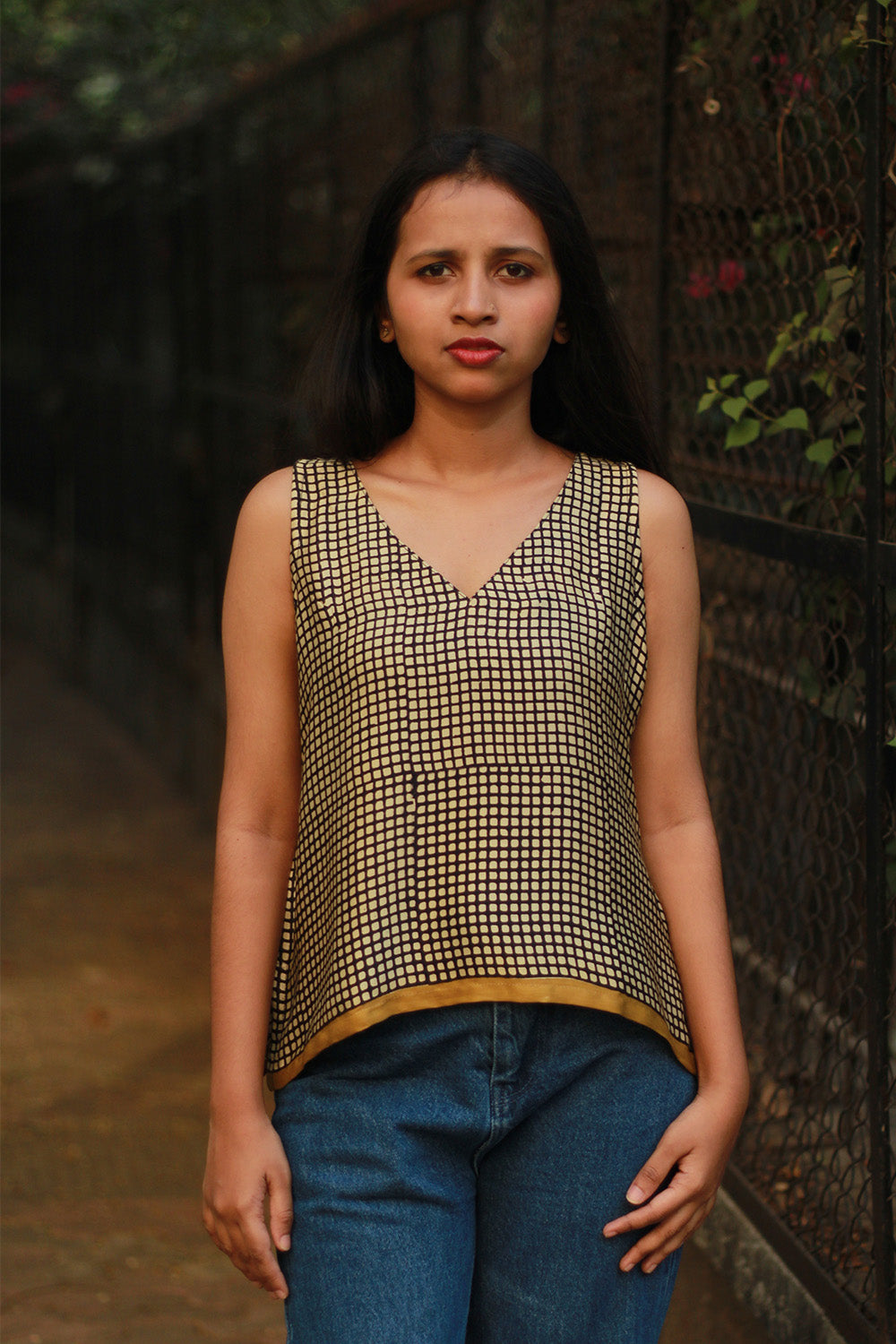 Sleeveless Top | Modal Silk | Black & White Checks
