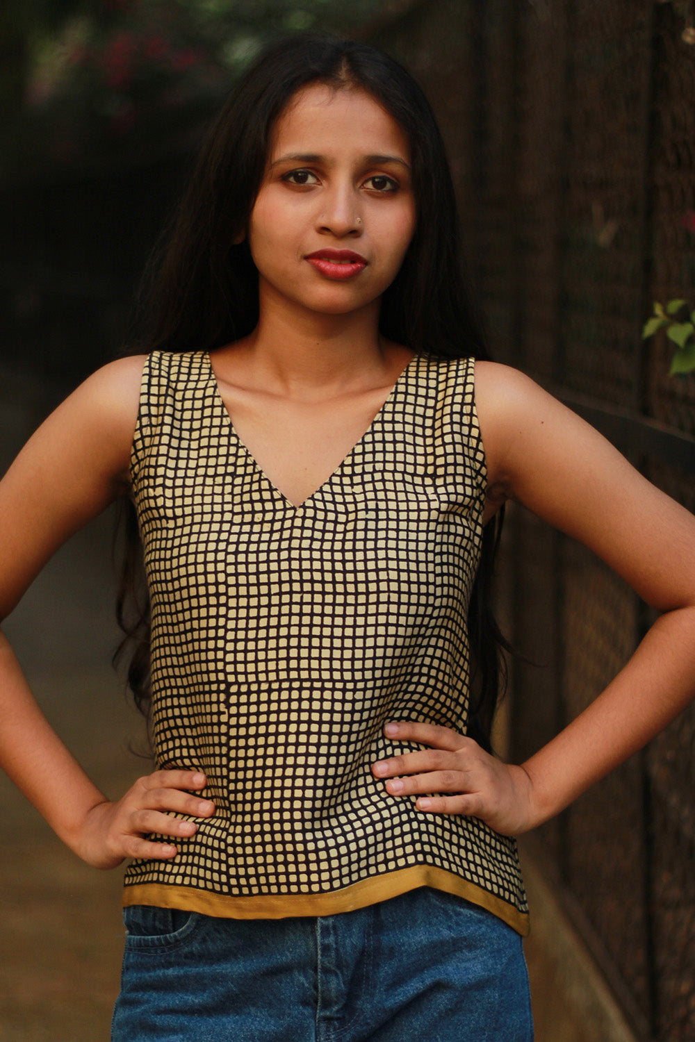 Sleeveless Top | Modal Silk | Black & White Checks