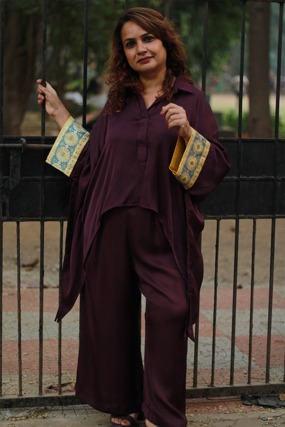 Banarasi Taarini | Collared Kaftan Top | Wine