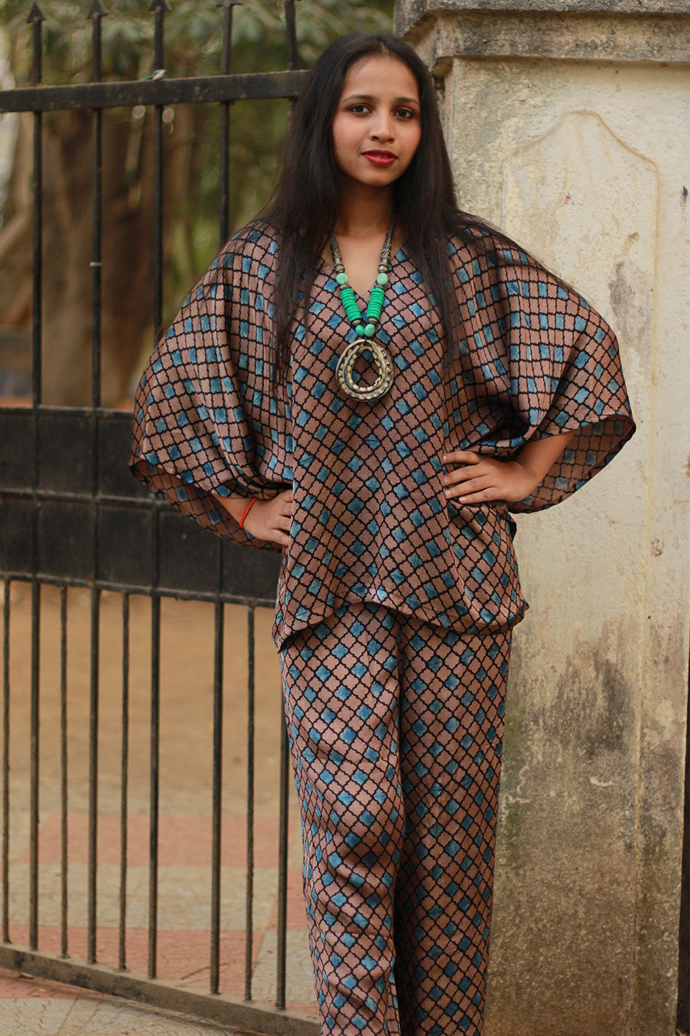 Taarini | Modal Silk Kaftan Top | Tan Hexagon