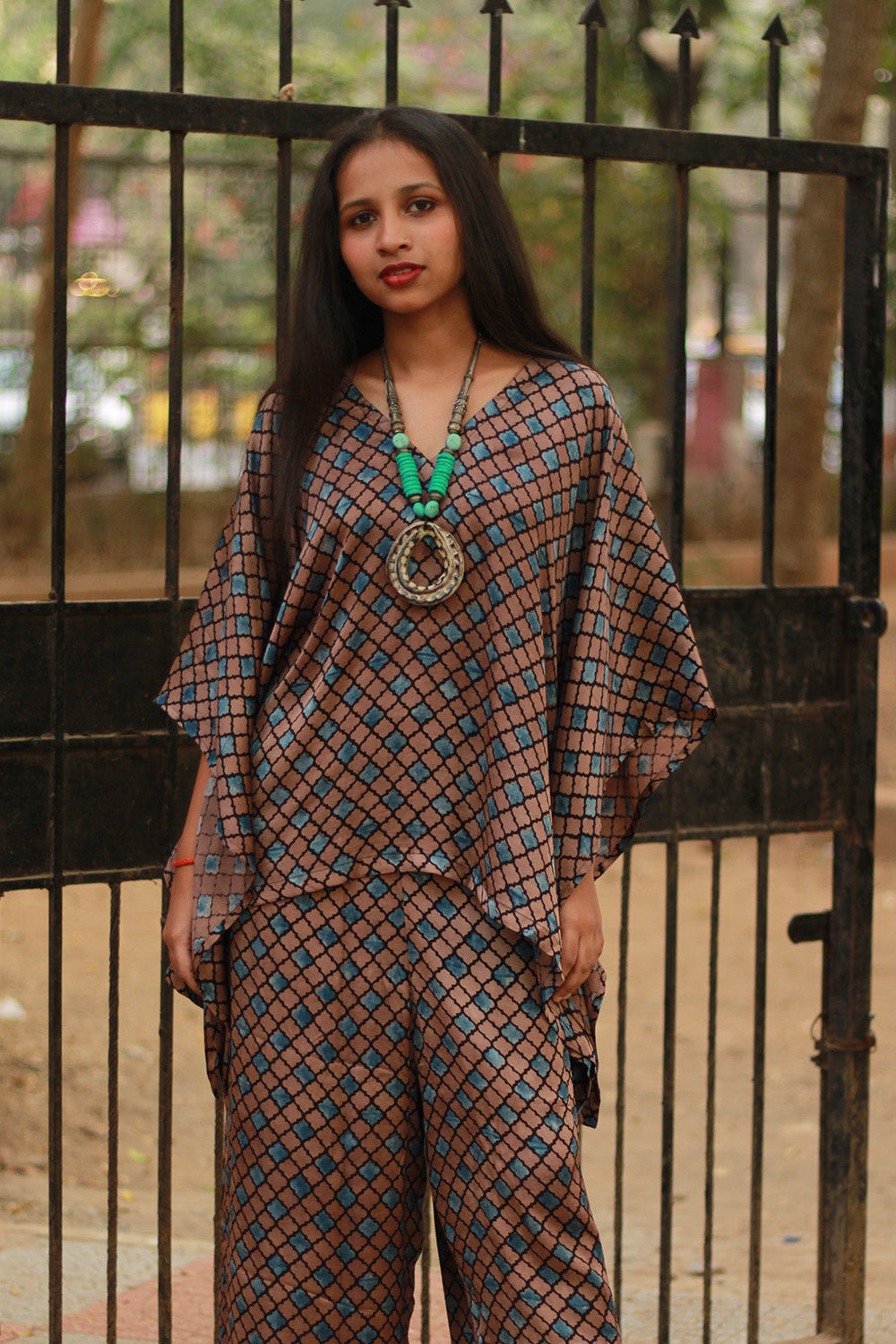 Taarini | Modal Silk Kaftan Top | Tan Hexagon