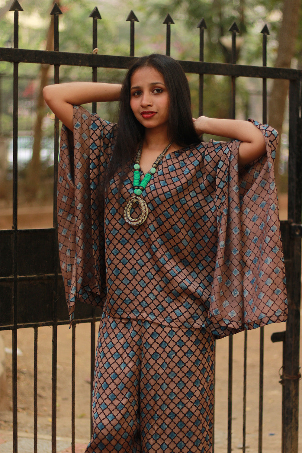 Taarini | Modal Silk Kaftan Top | Tan Hexagon