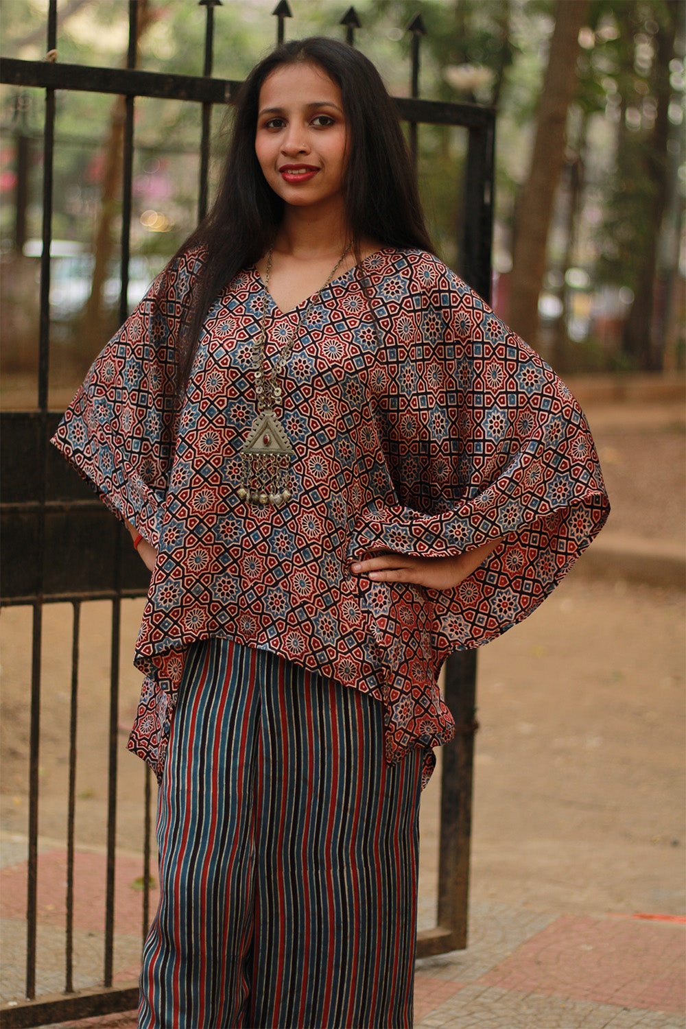 Taarini | Modal Silk Kaftan Top | Noir Universe Ajrakh