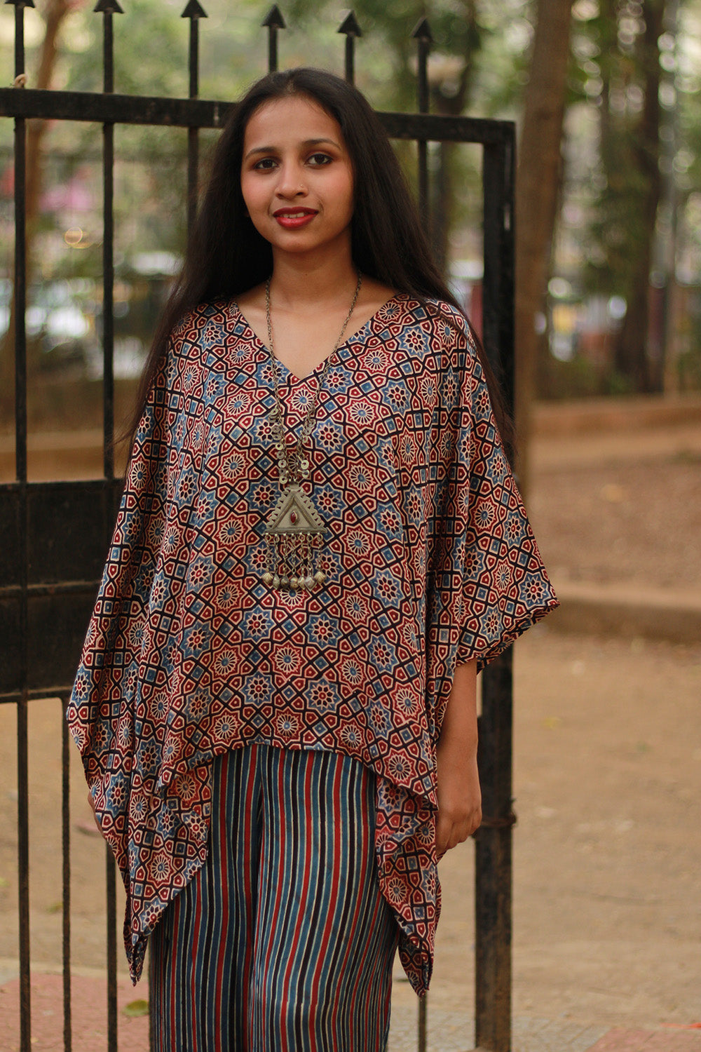 Taarini | Modal Silk Kaftan Top | Noir Universe Ajrakh