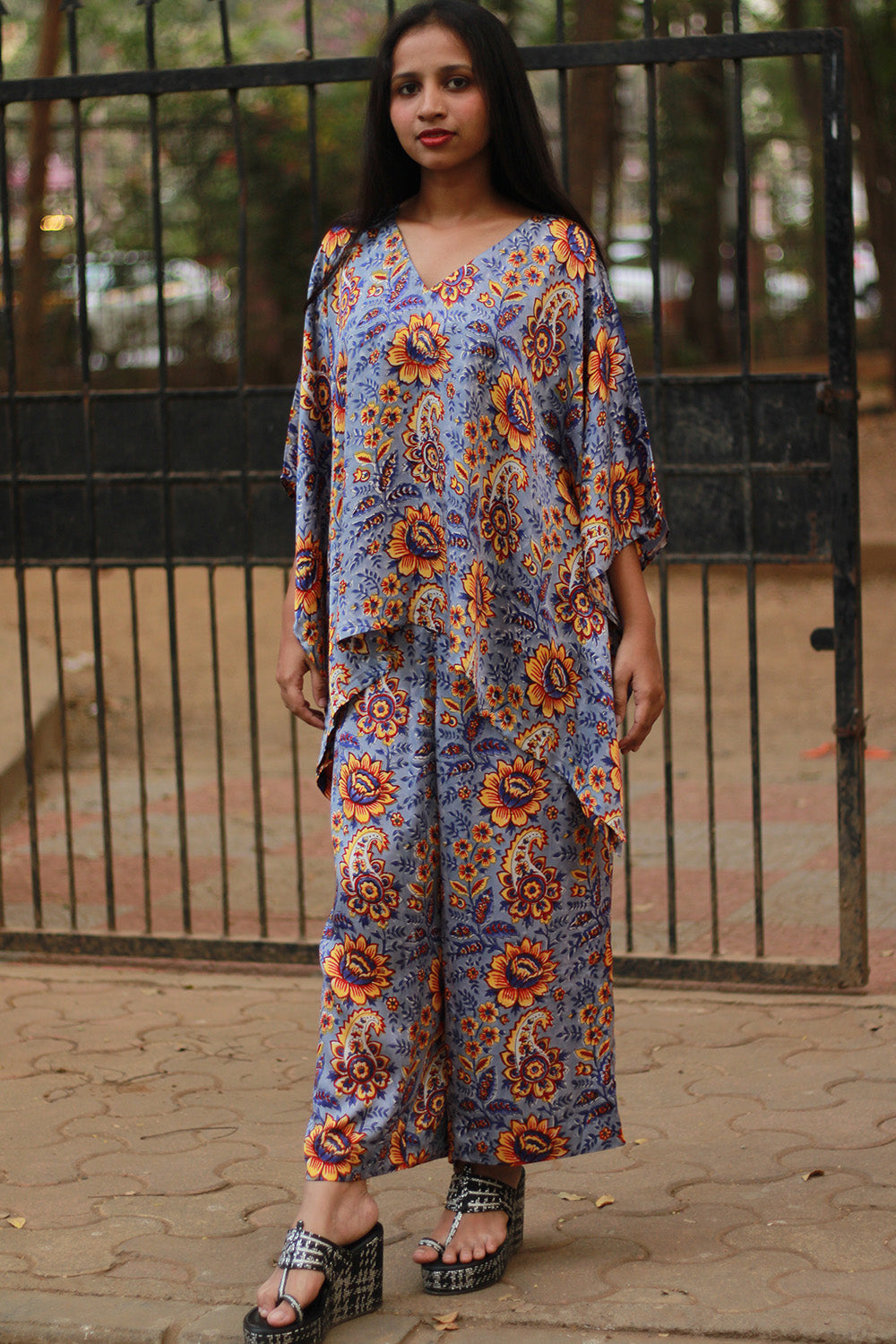 Taarini | Modal Silk Kaftan Top | Periwinkle Blue Sanganeri