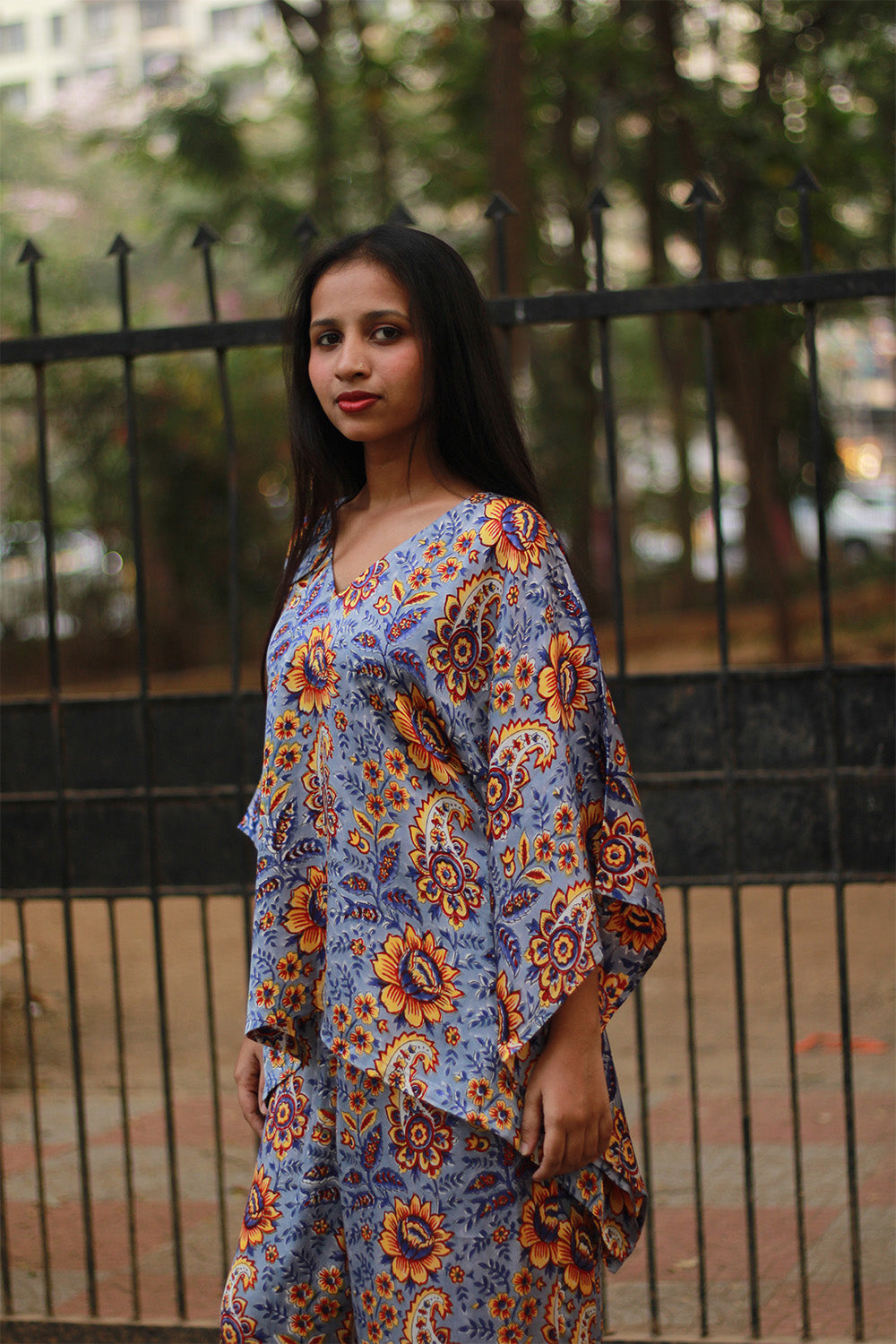 Taarini | Modal Silk Kaftan Top | Periwinkle Blue Sanganeri