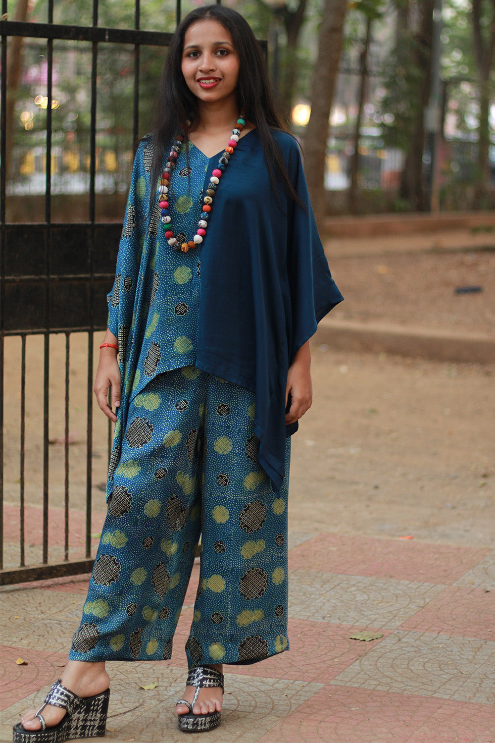 Saumya | Wide Leg Pants | Modal Silk | Sea Green Ajrakh