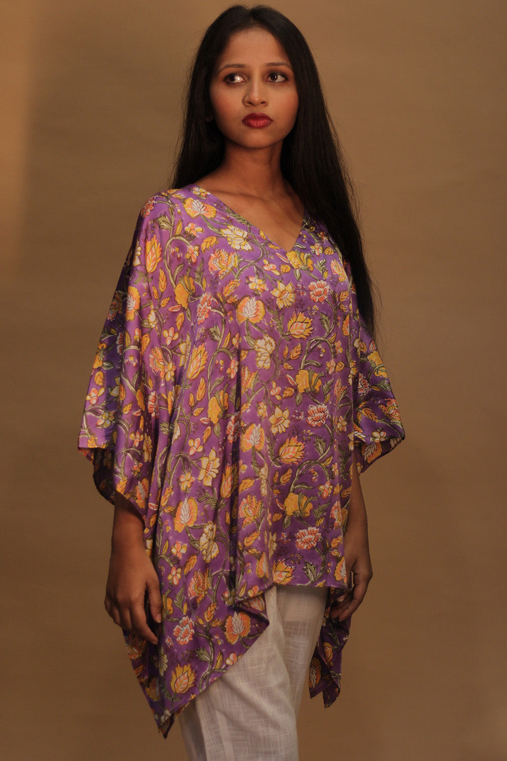 Taarini | Modal Silk Kaftan Top | Mauve floral Sanganeri