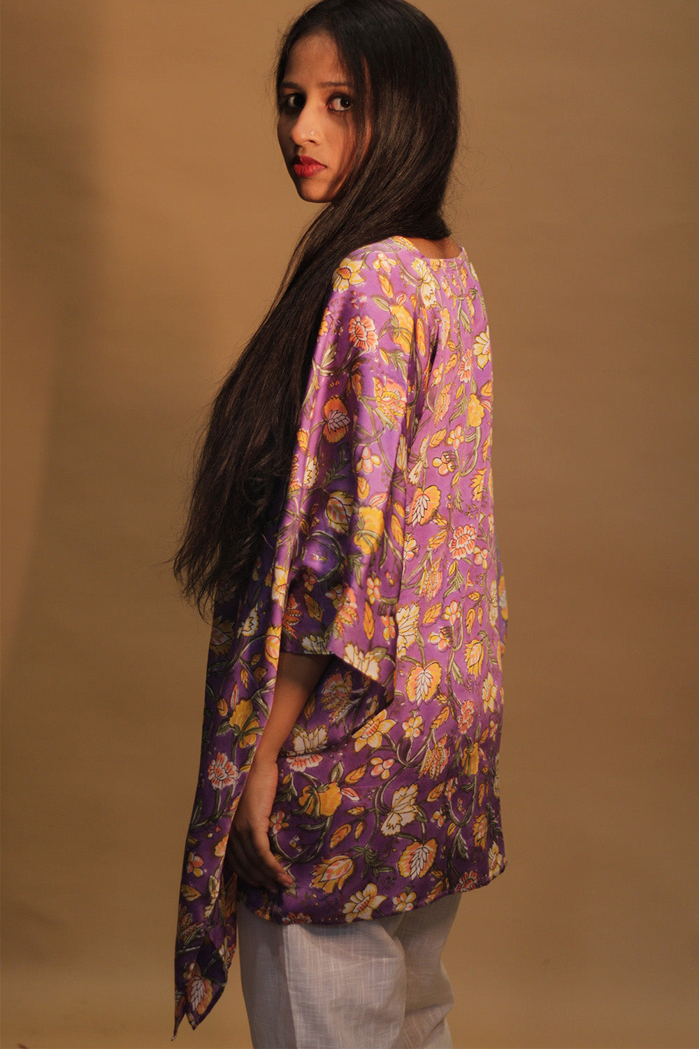 Taarini | Modal Silk Kaftan Top | Mauve floral Sanganeri
