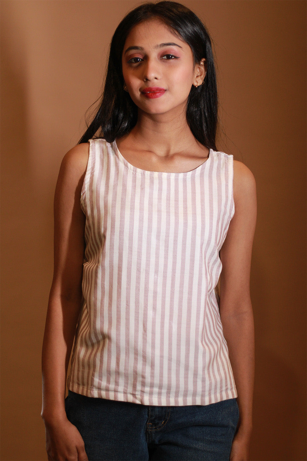 Prisha | Maheshwari Cotton Silk Top | Brick Red Stripes