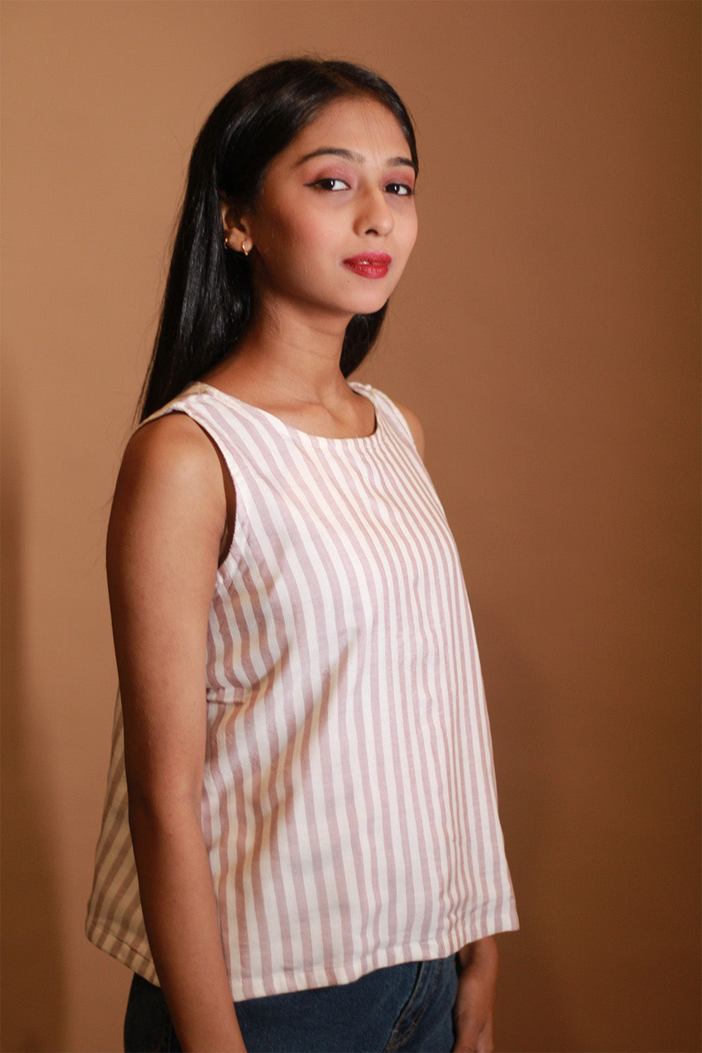Prisha | Maheshwari Cotton Silk Top | Brick Red Stripes