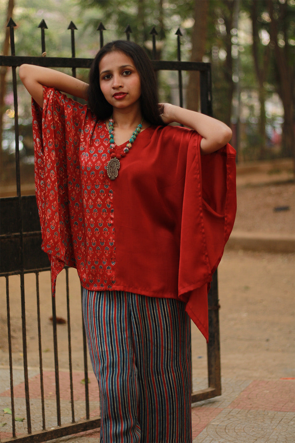 Taarini | Modal Silk Kaftan Top | Red Floral Ajrakh with Red