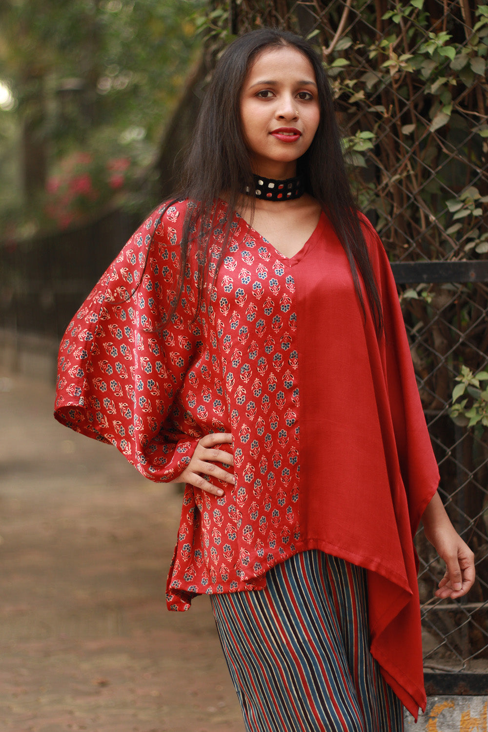 Taarini | Modal Silk Kaftan Top | Red Floral Ajrakh with Red