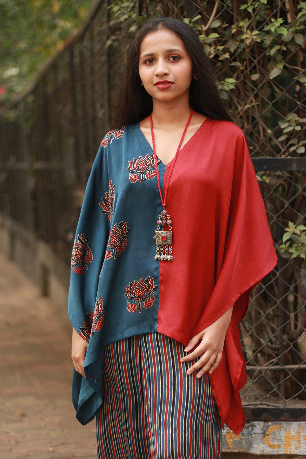Taarini | Modal Silk Kaftan Top | Blue Lotus Ajrakh with Red