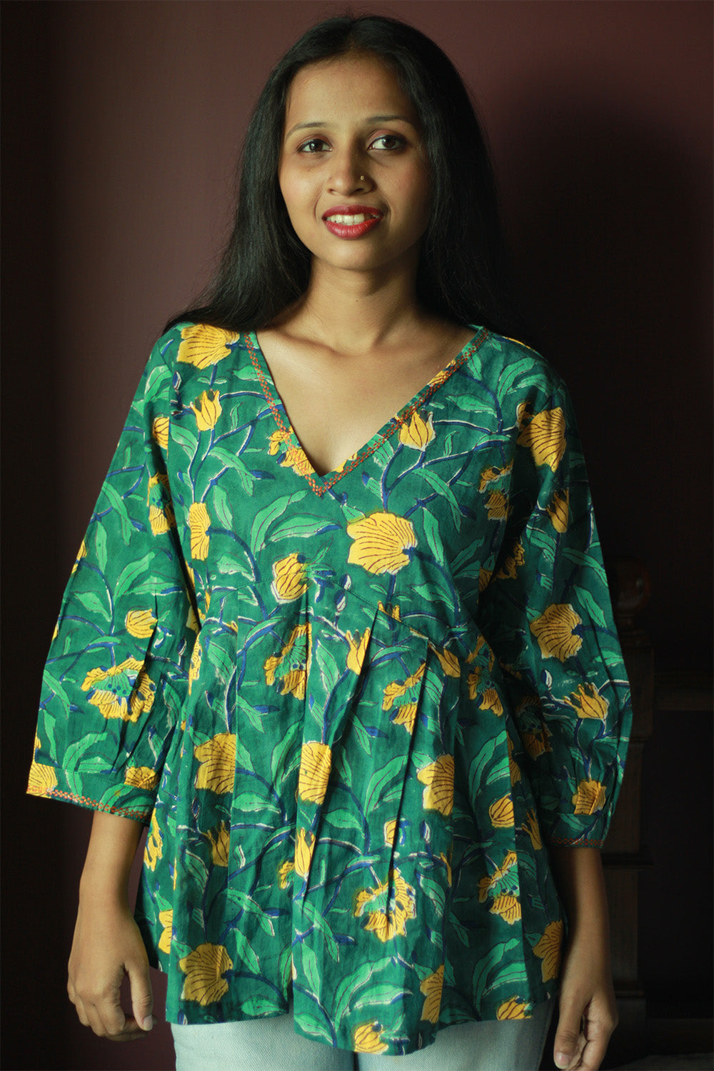Peplum Top | Green Floral Sanganeri