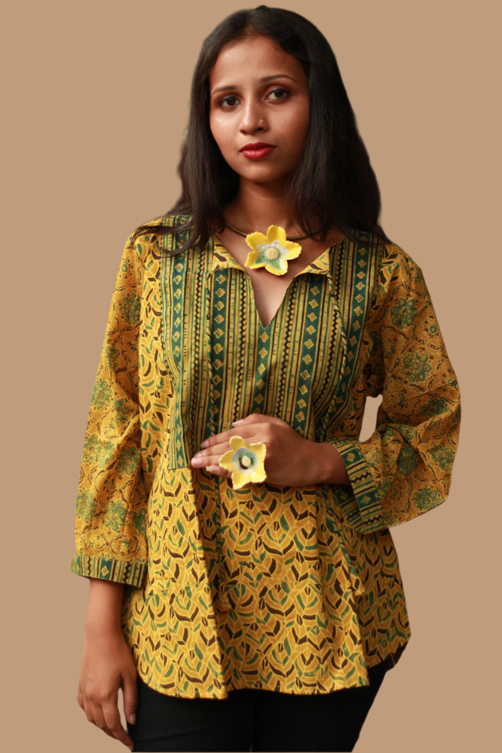 Saanjh | Cotton Top with Mul Sleeves | Mustard Leaves Ajrakh