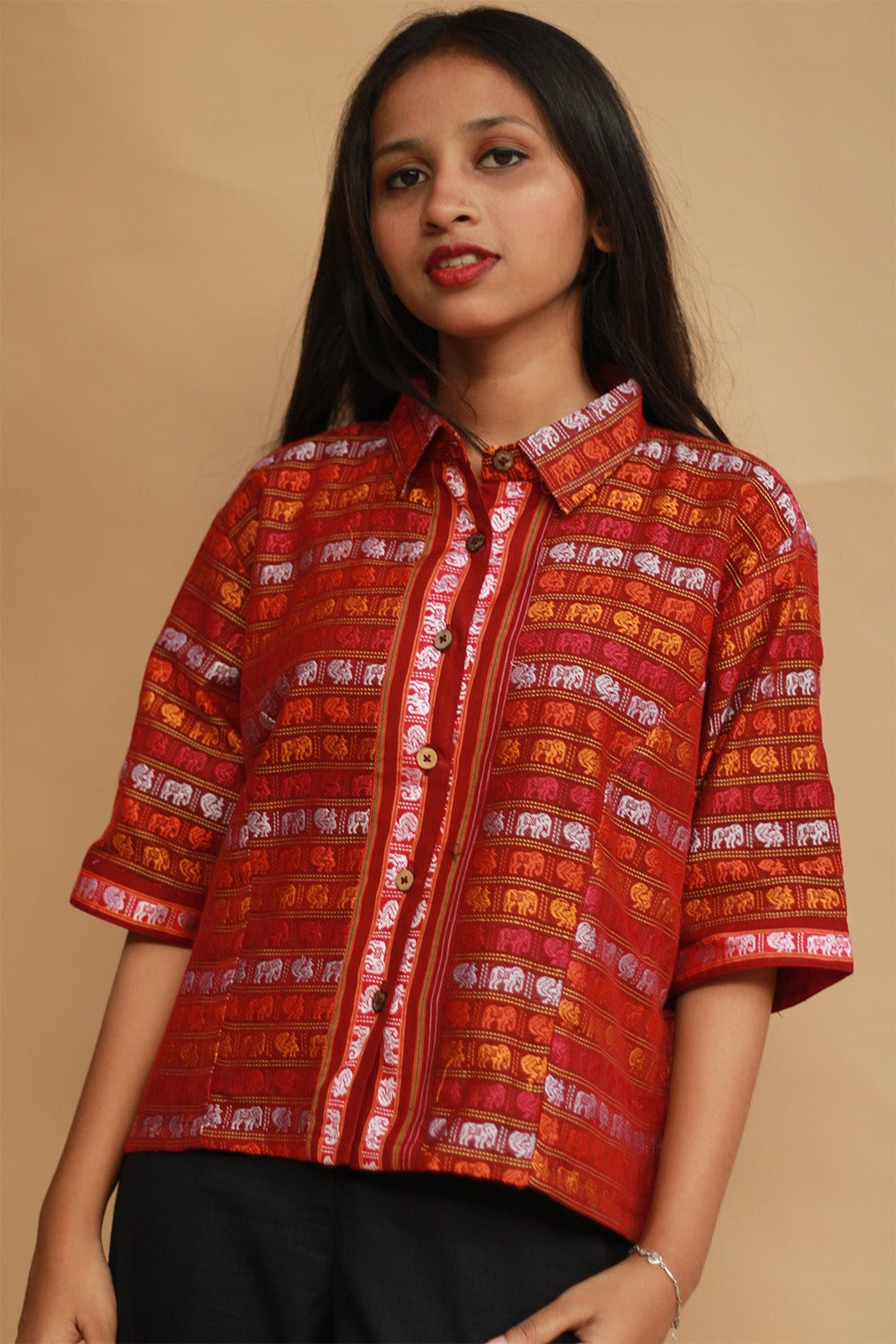 Kanaka | Khunn Cropped Shirt-Blouse | Multicolour Elephants