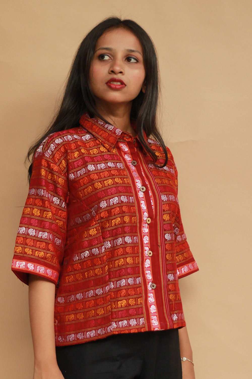 Kanaka | Khunn Cropped Shirt-Blouse | Multicolour Elephants