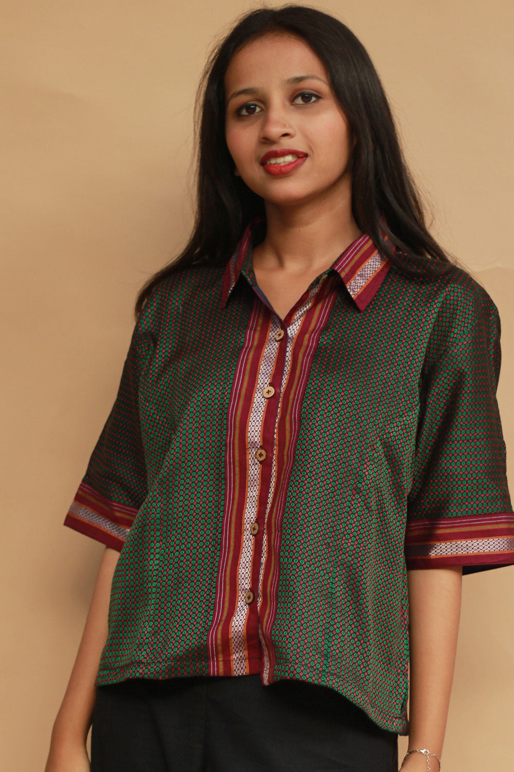 Kanaka | Khunn Cropped Shirt-Blouse | Moss Green & Purple