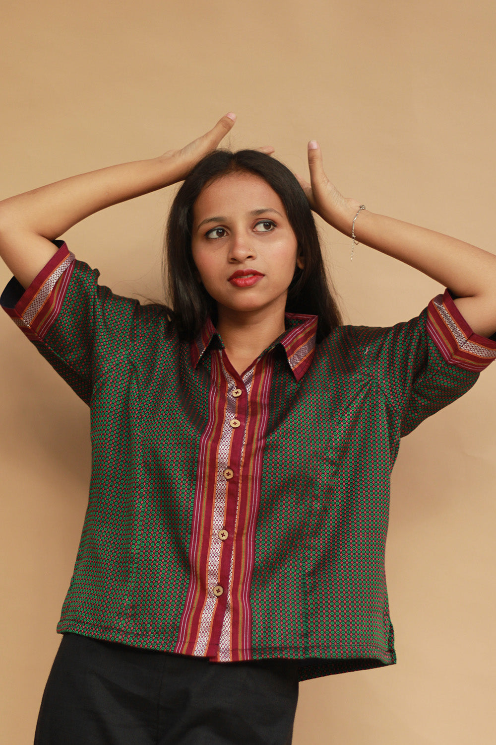 Kanaka | Khunn Cropped Shirt-Blouse | Moss Green & Purple