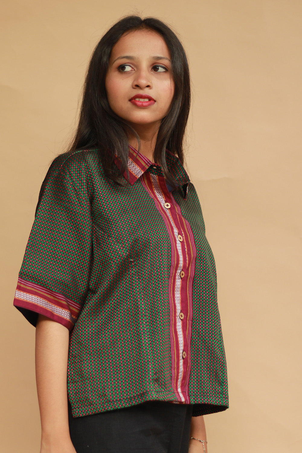 Kanaka | Khunn Cropped Shirt-Blouse | Moss Green & Purple