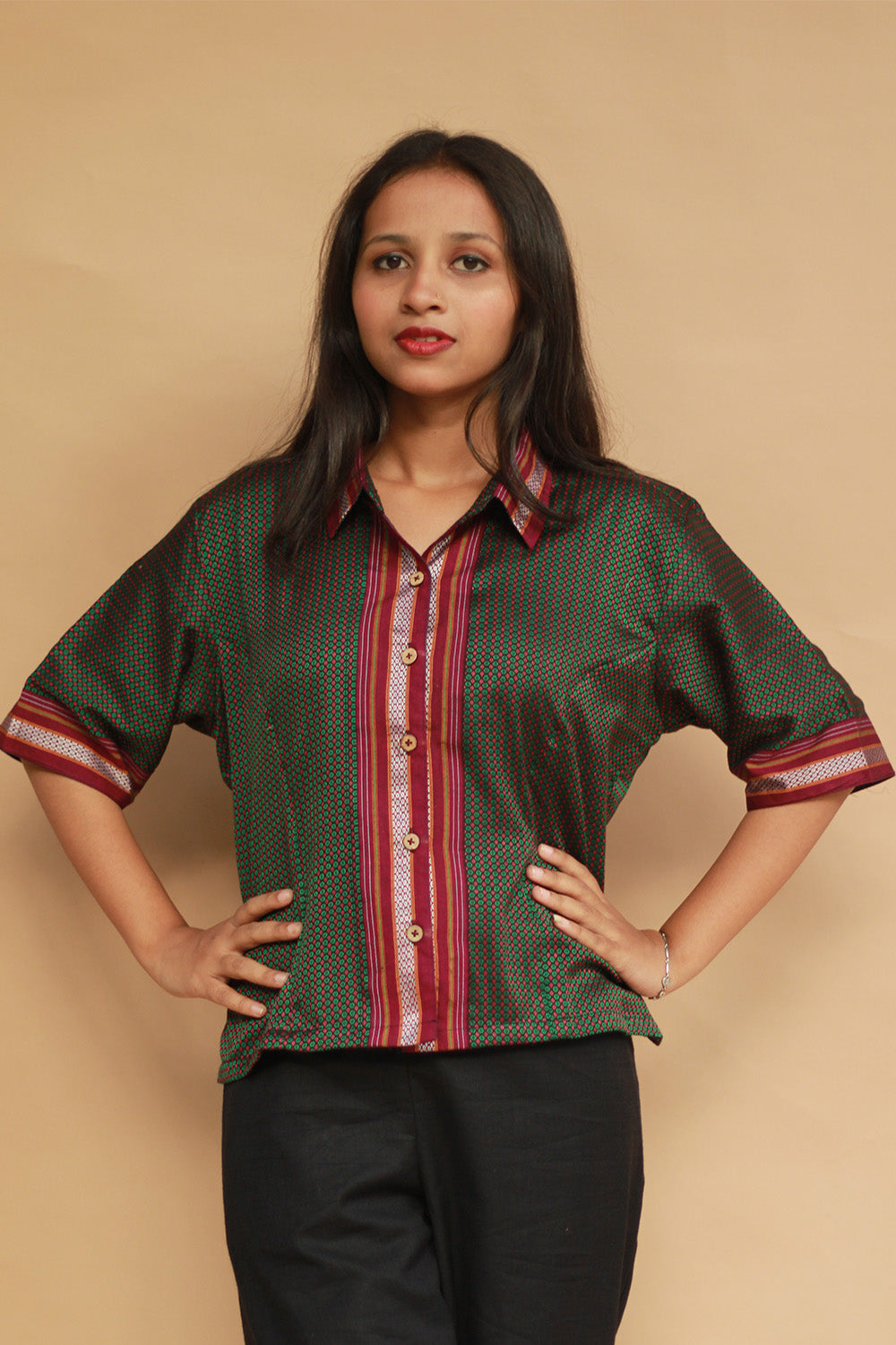 Kanaka | Khunn Cropped Shirt-Blouse | Moss Green & Purple