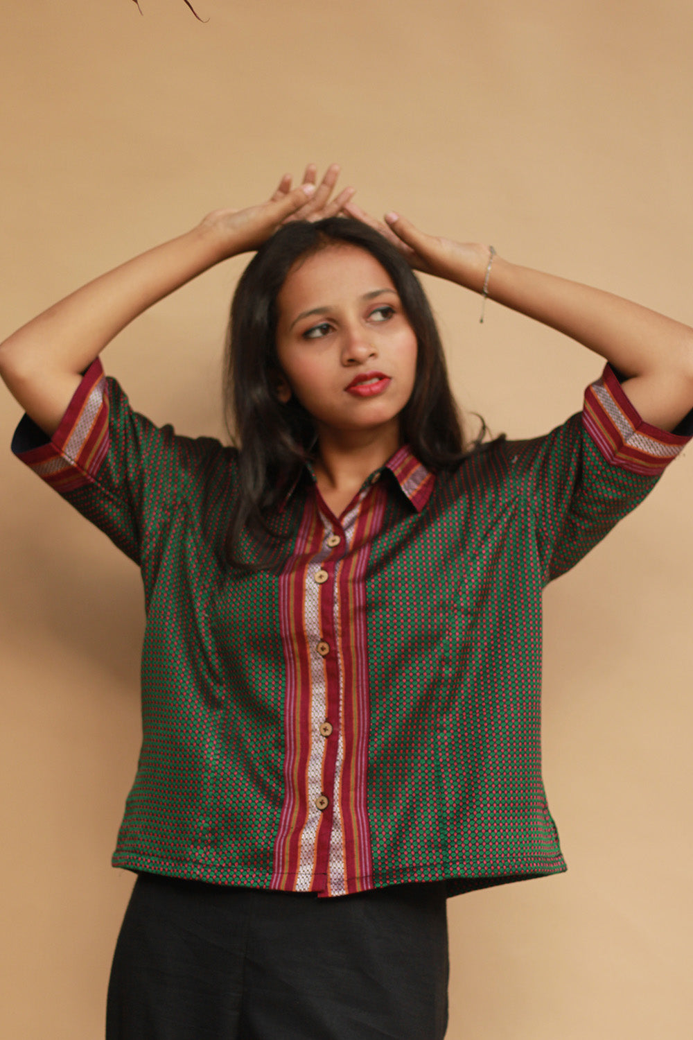 Kanaka | Khunn Cropped Shirt-Blouse | Moss Green & Purple