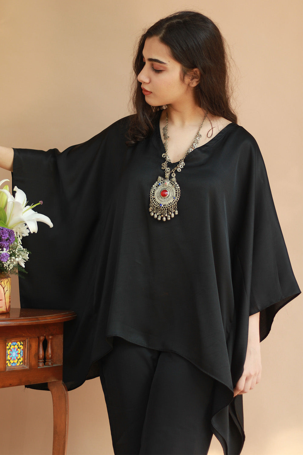 Taarini | Modal Silk Kaftan Top | Noir
