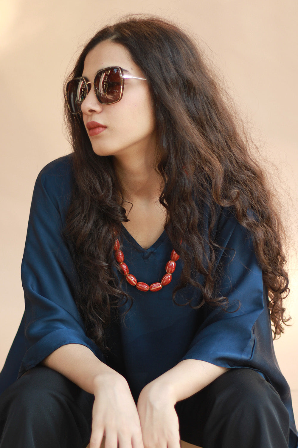 Taarini | Modal Silk Kaftan Top | Navy Blue